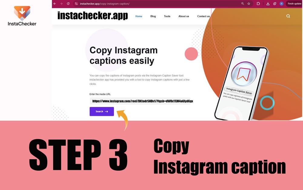Copy Instagram caption text from the result