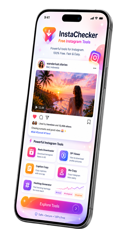 Instachecker free Instagram tools homepage showing Reels, DP, captions, bio and hashtag tools